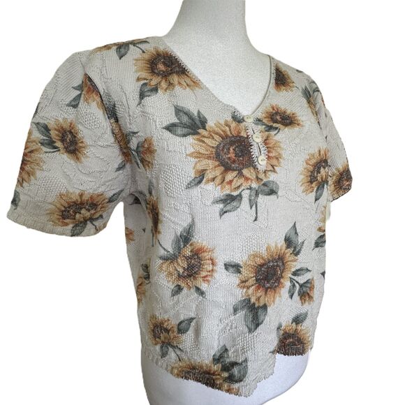 Vintage Sunflower Knit Crop Top Size M L Short Sleeve Beige 90s Cottage - Picture 2 of 8